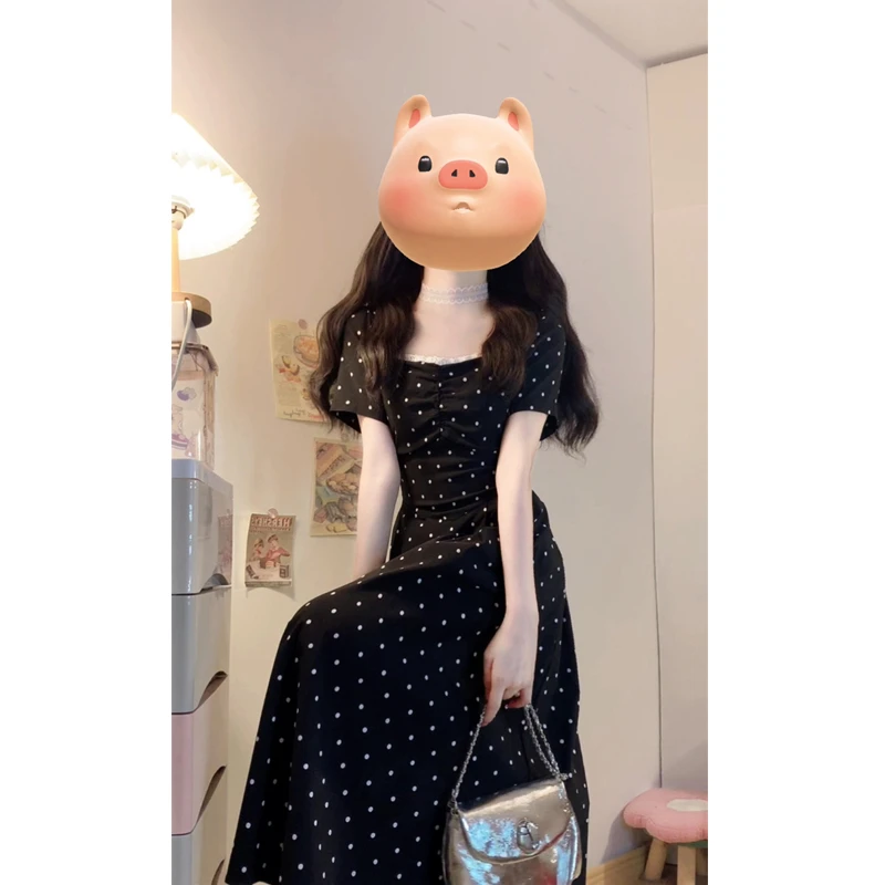 大码女装夏季新款气质收腰显瘦桃心领中长款蕾丝拼接波点连衣裙仙