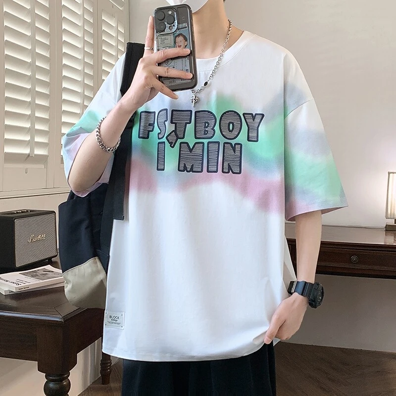 2025青少年男夏季潮流宽松版型短袖T恤圆领港风半分袖88113