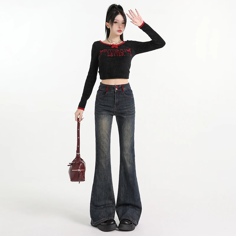 怀旧蓝微辣牛仔裤女2025新款春秋季高腰撞色宽松小个子弹力喇叭裤