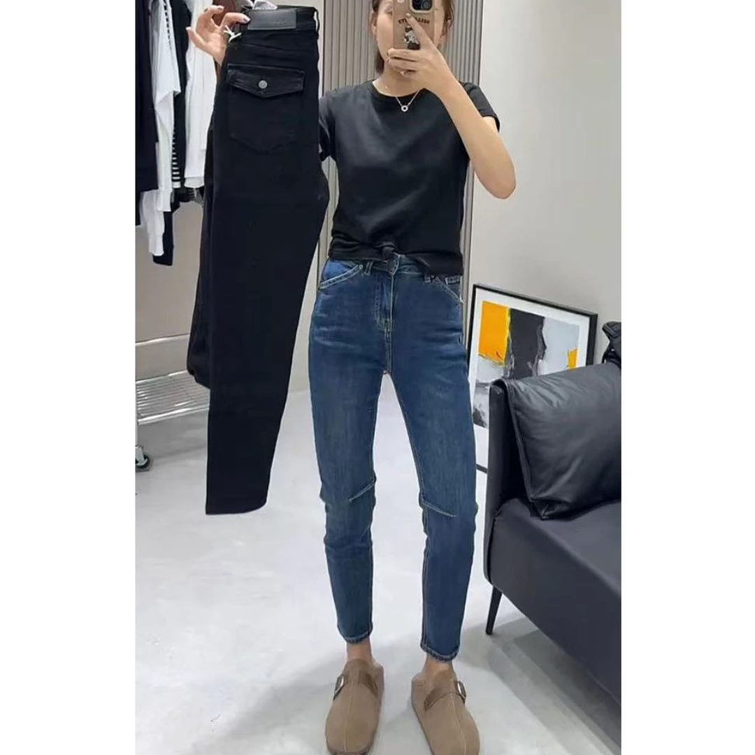 艾塔莉秋季新款直筒裤铅笔裤丹宁风高腰束脚牛仔裤显瘦九分裤修身