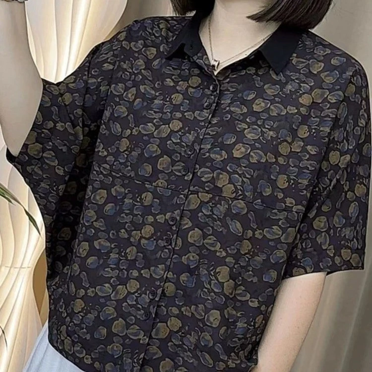 洋气印花翻领蝙蝠袖遮肚女士夏季短袖宽松百搭衬衫上衣