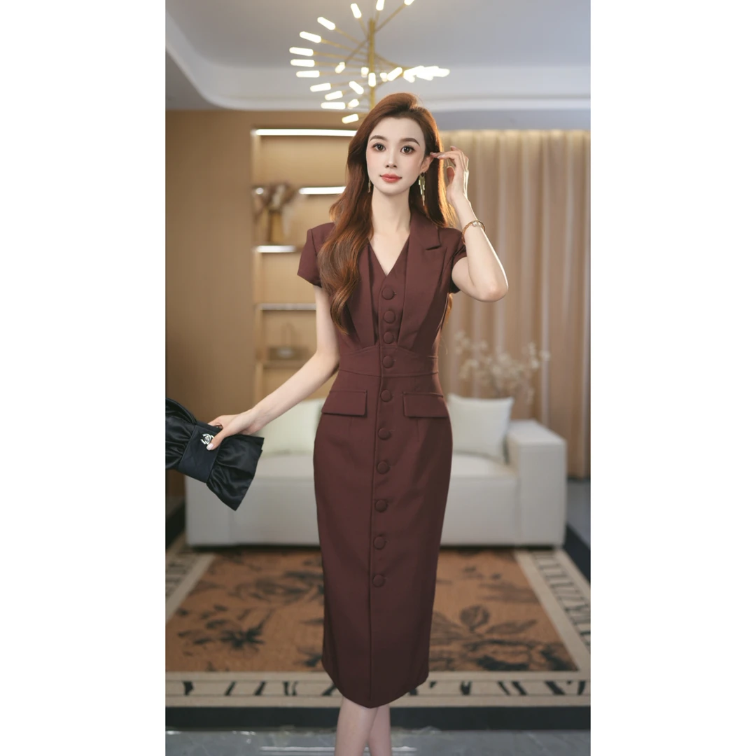 罗曼定制 高定红咖色夏季新款短袖气质收腰西装V领包臀连衣裙女
