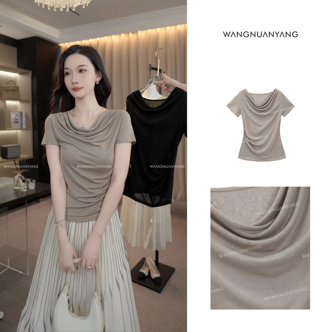 【王暖阳】杂志街拍|夏季设计感荡领莱赛尔天丝轻薄褶皱小衫-Q