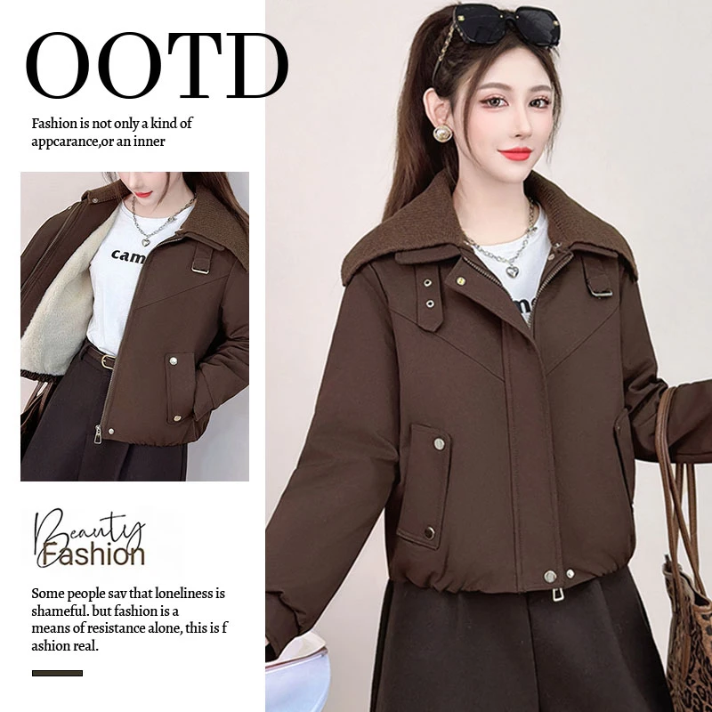 加绒复古时髦大翻领夹克短外套女2025年冬季新款休闲洋气保暖棉衣