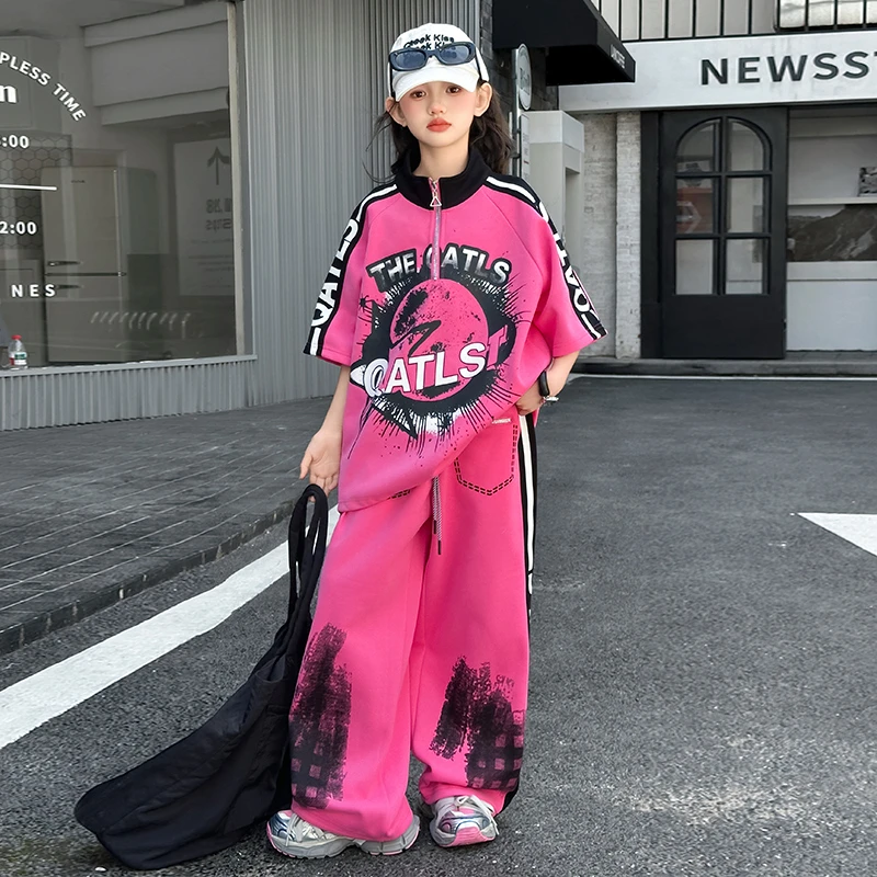 俏咪咕女童街舞运动套装2025新款洋气拼色涂鸦短袖休闲裤套装
