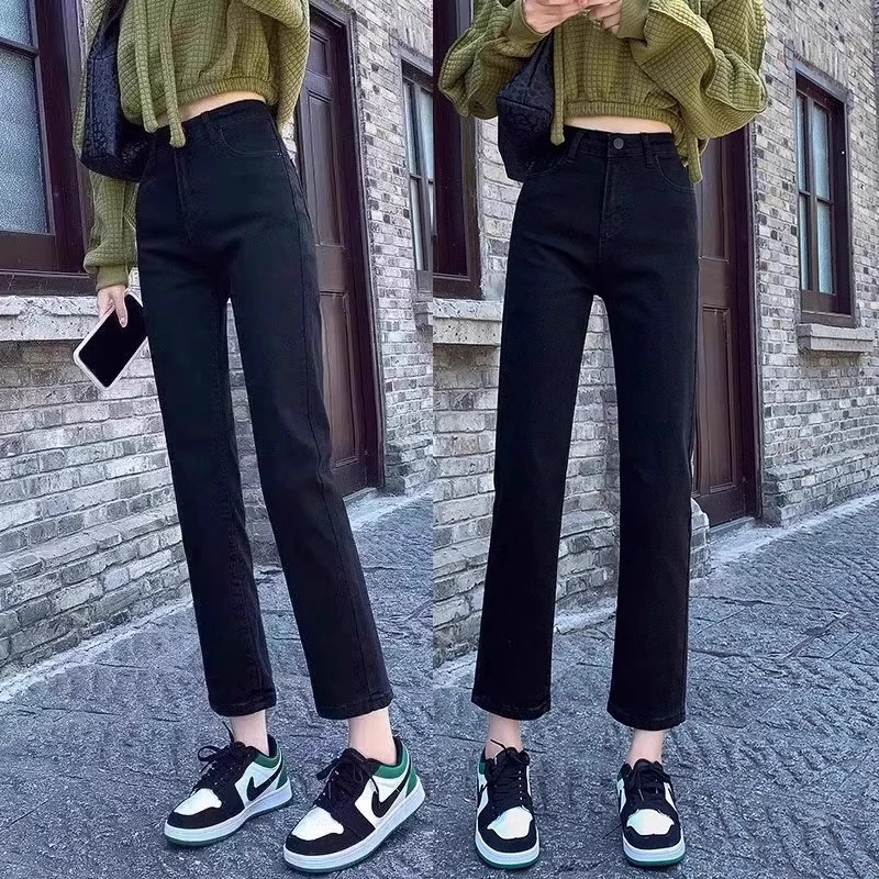 黑色烟管直筒牛仔裤女2025年春秋新款女士夏季薄款法棍小个子裤子