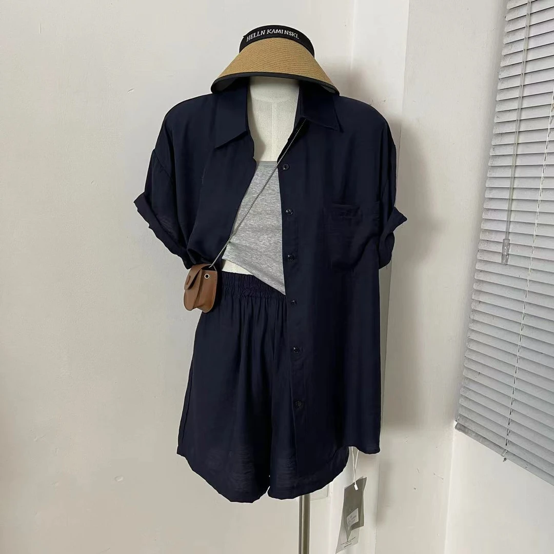 keke定制 韩国东大门夏季新款时尚宽松显瘦简约两件衬衣套装