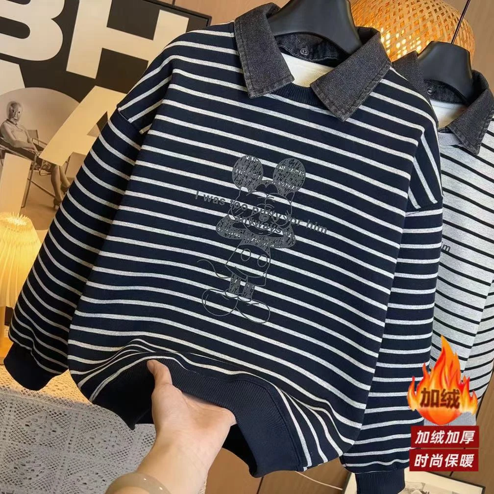 【加绒】童趣条纹风~2025新款男童牛仔POLO领卫衣11169