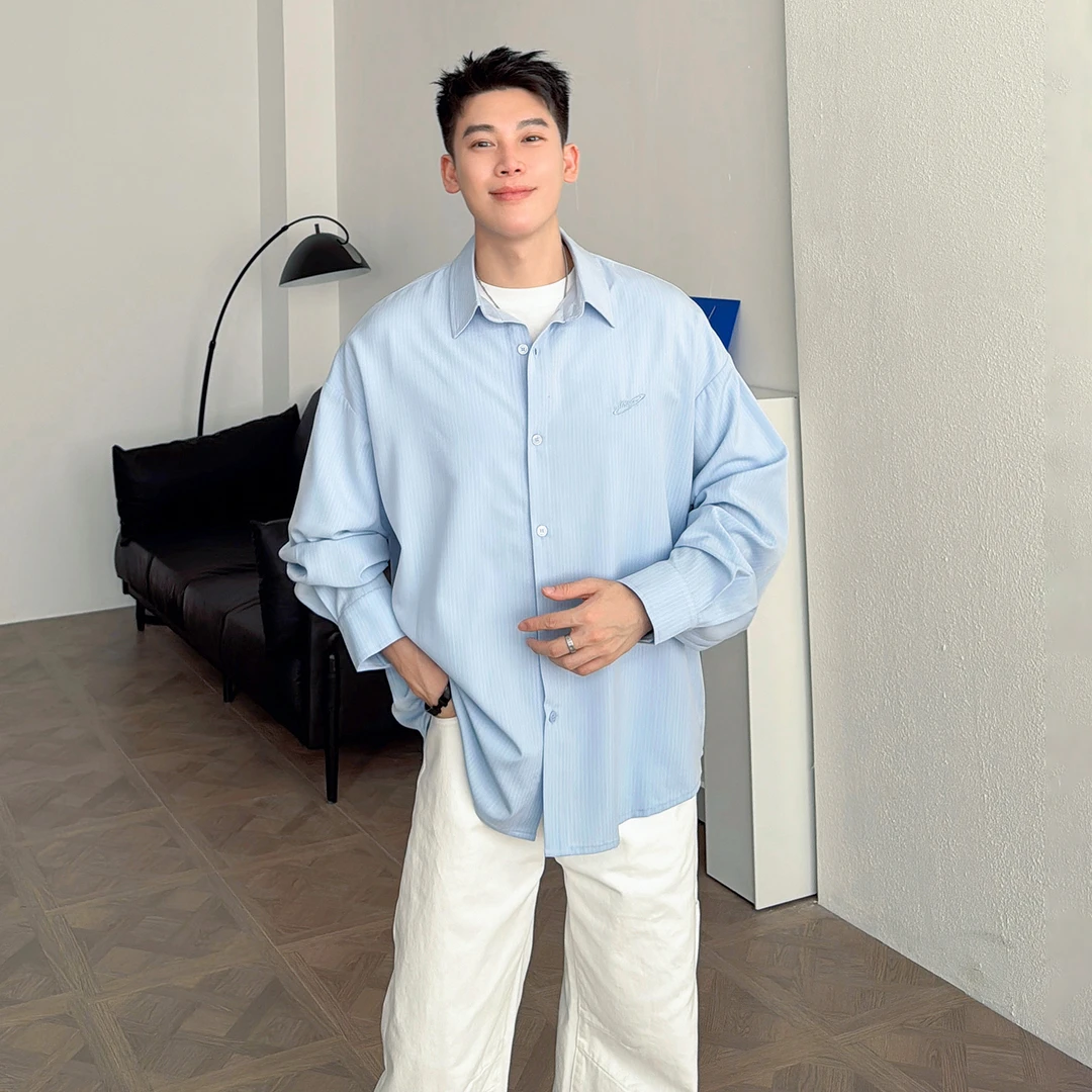 渣渣鹿垂坠感条纹衬衫男款宽松长袖2025春秋落肩上衣休闲衬衣外套