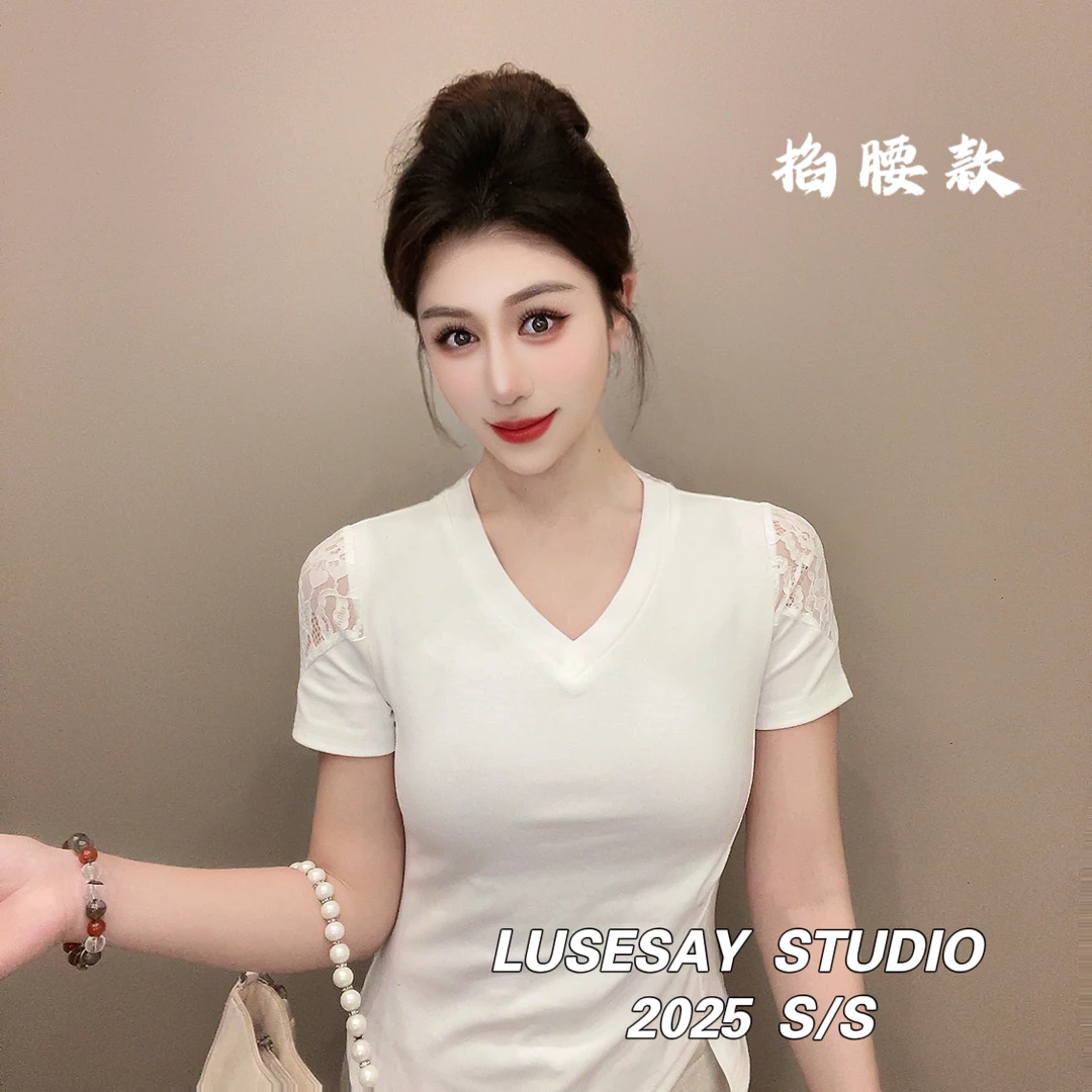 LUSESAY V领蕾丝蝴蝶设计 夏季2025新款短袖t恤女百搭掐腰上衣