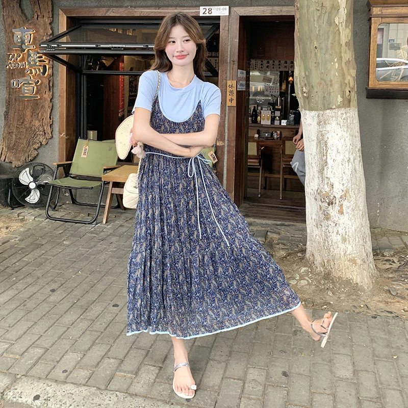 761-770 时尚套装夏季法式复古短袖显瘦连衣裙长裙（非主图款）