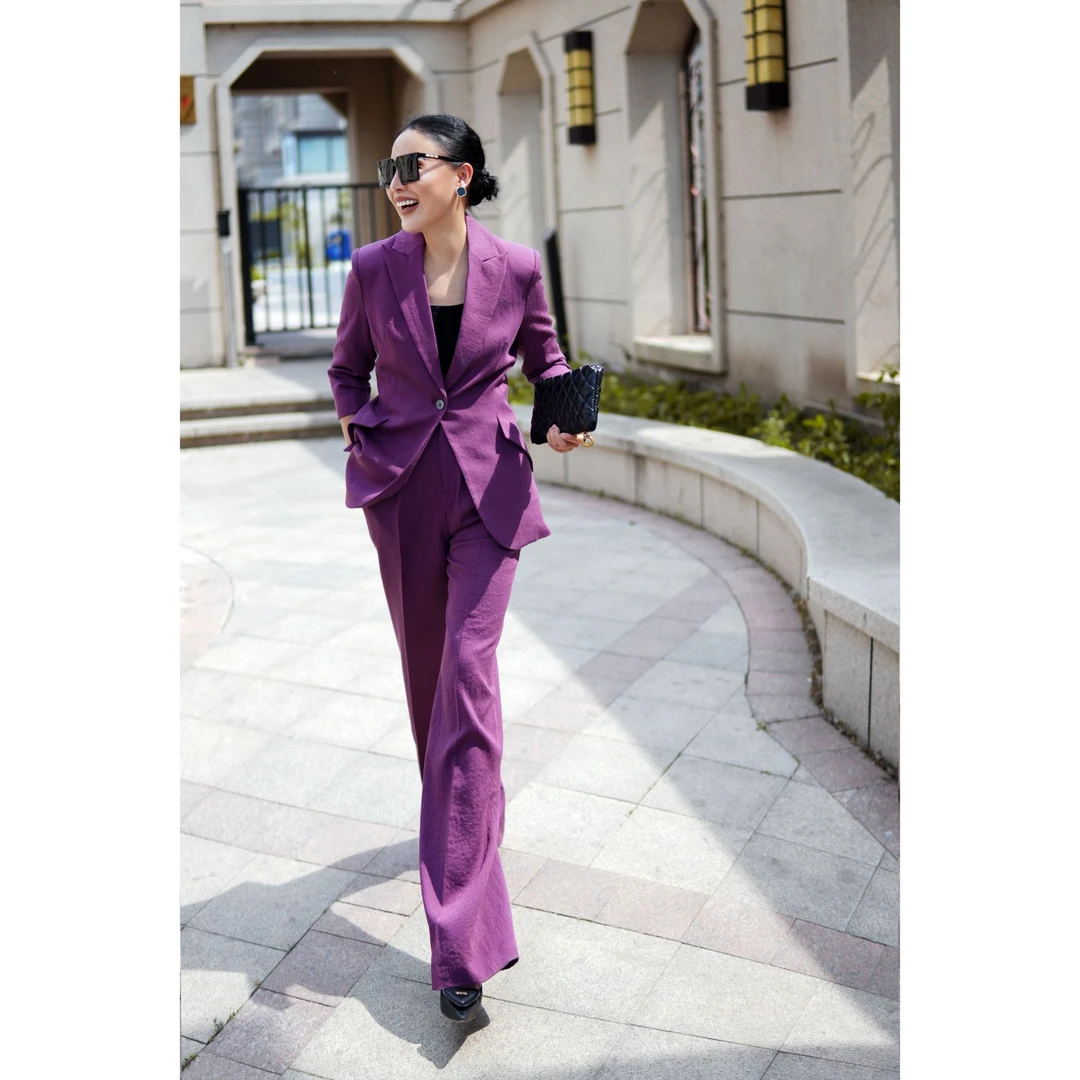 《泳秀精品》紫色修身微喇西装套装夏季通勤简约时尚