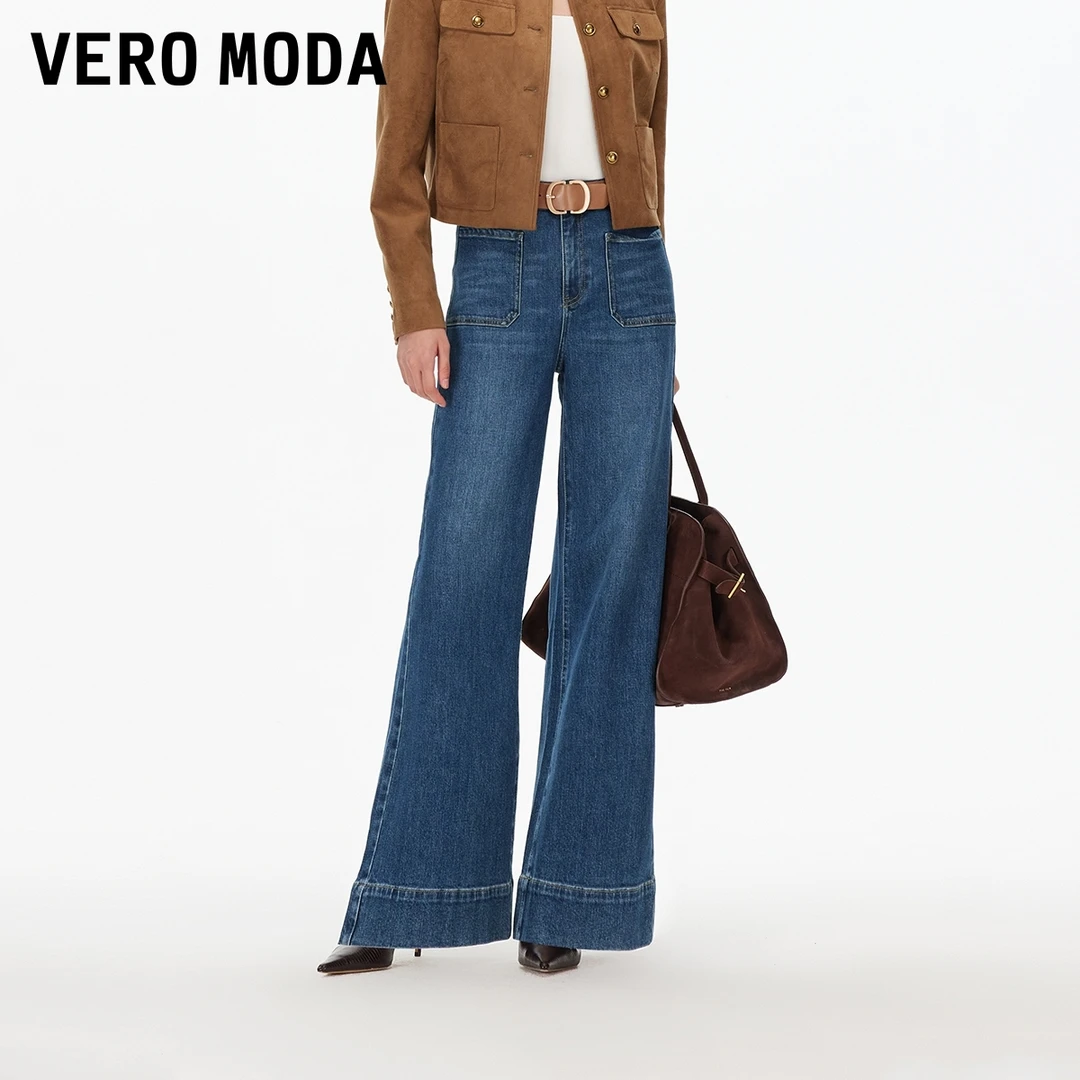 Vero Moda牛仔裤2025秋季新款含棉高腰假口袋阔腿裤复古325332056