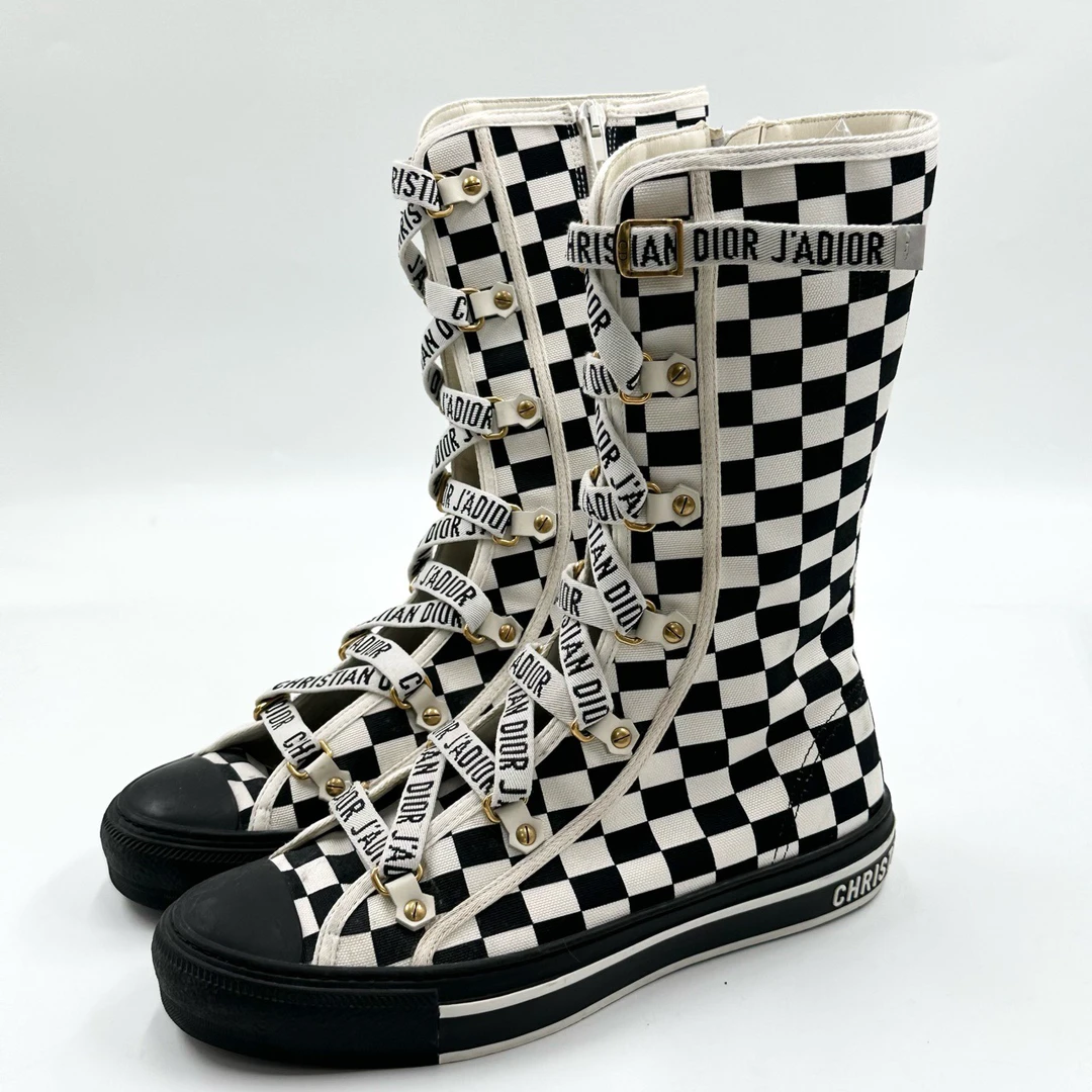 95新 DIOR/迪奥 39码/黑白棋盘格帆布中筒靴/97新/泛黄/06254