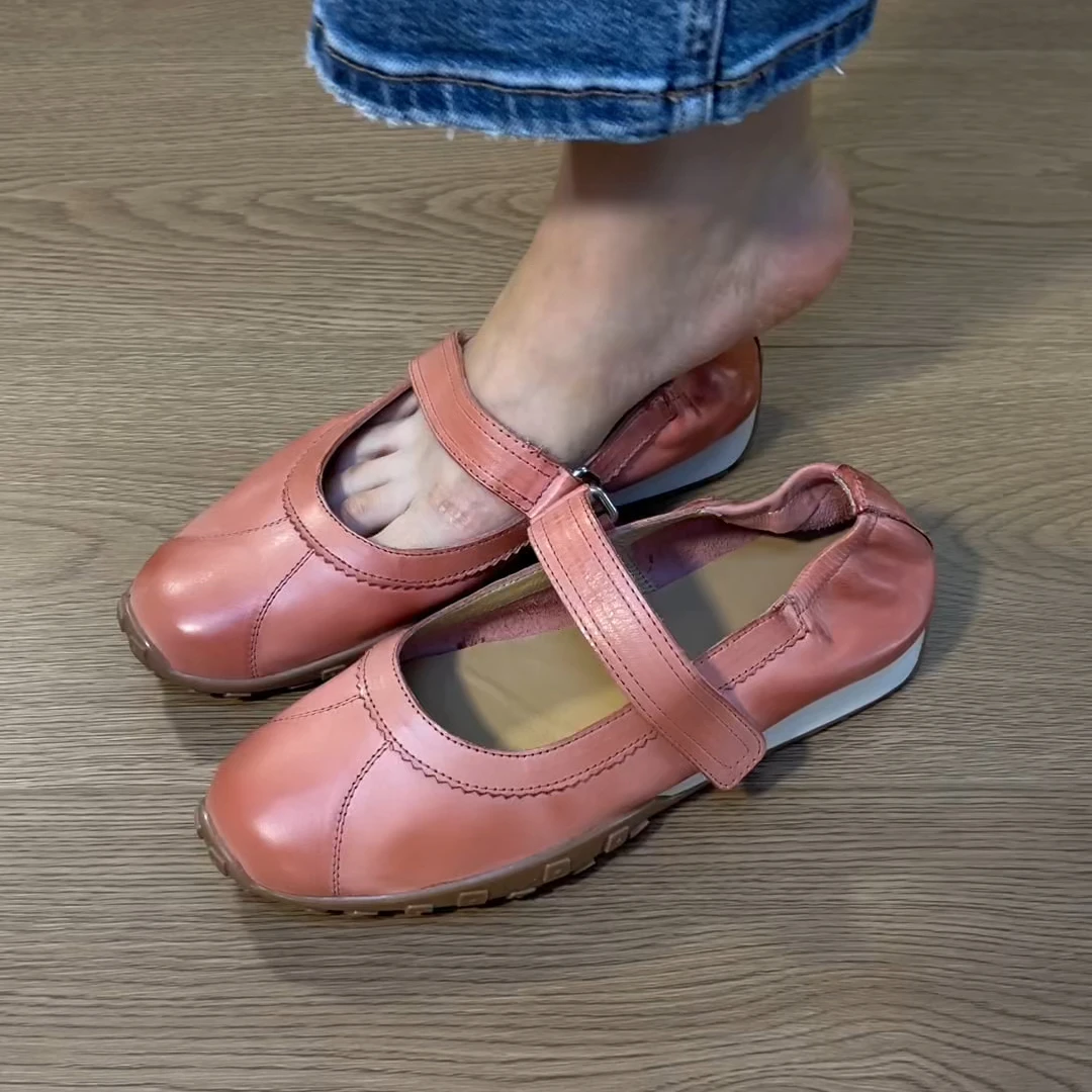 2025新款夏季复古头层水洗牛皮玛丽珍单鞋豆豆阿甘魔术贴软底单鞋
