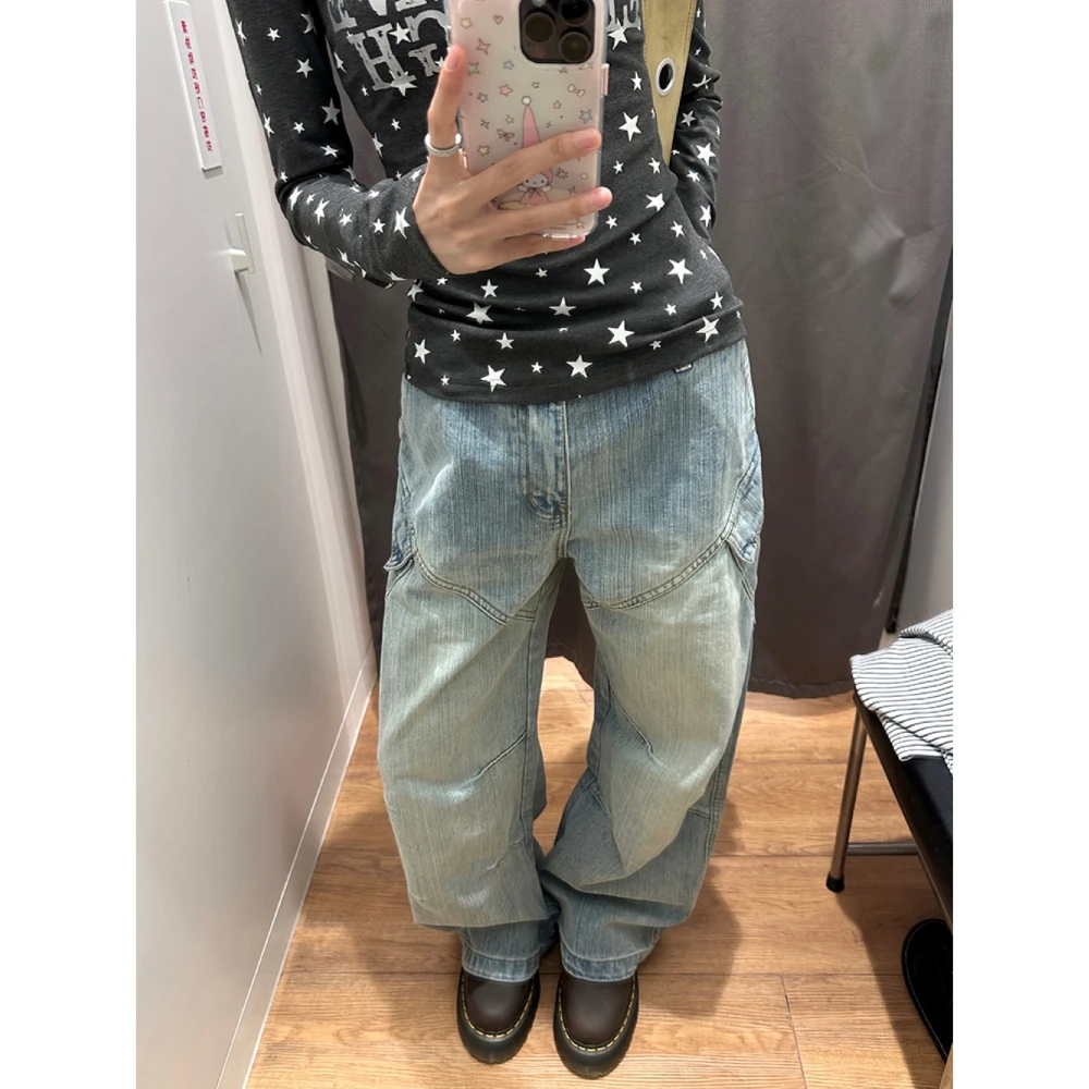 【清仓+运费险】复古竹节纹牛仔裤女2025冬季显瘦宽松遮跨阔腿裤子