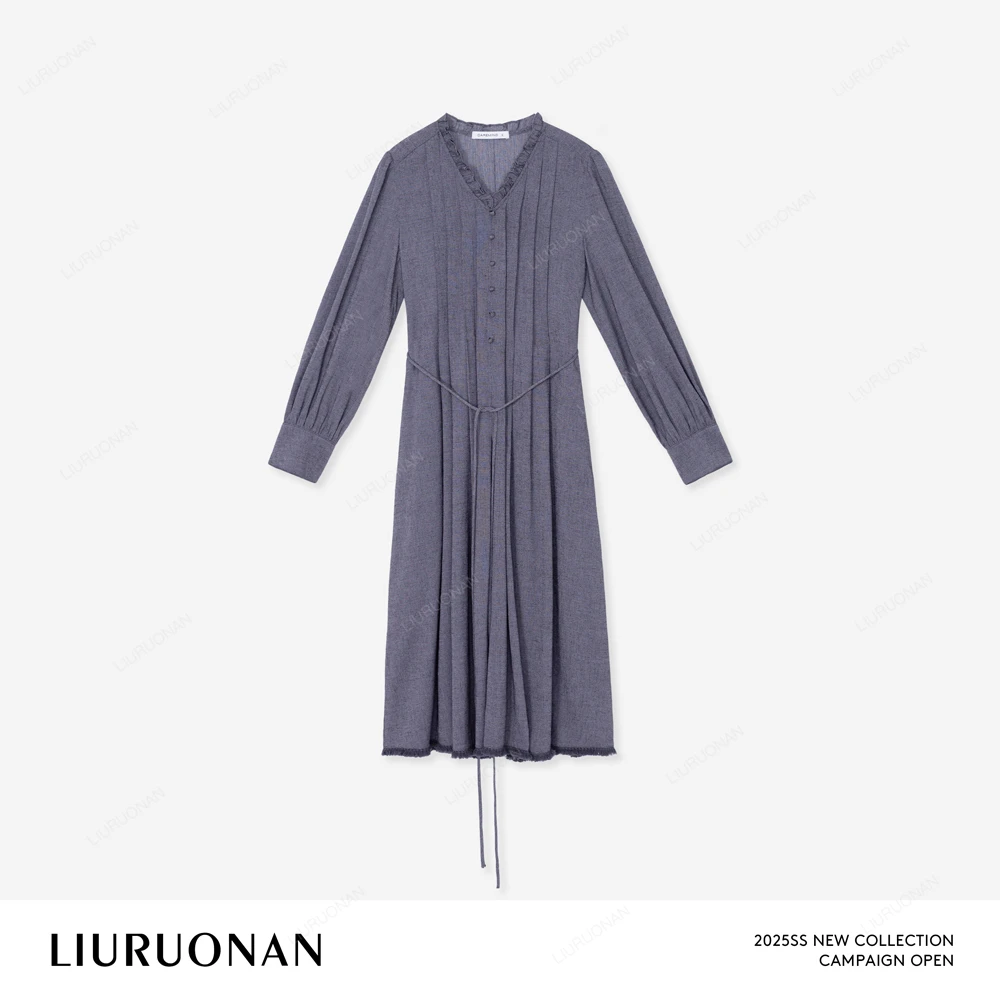 LIURUONAN 25SS 人棉亚麻裙子花边V领绑带显瘦长袖中长款连衣裙女