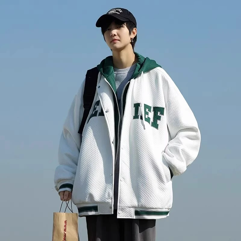 仓石一树假两件外套男士连帽棒球服秋冬季青少年2025新款加绒夹克