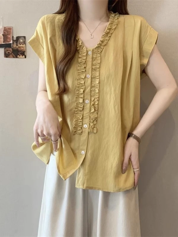 季念微胖妹妹夏新款减龄气质木耳边v领宽松闲显瘦小衫上衣