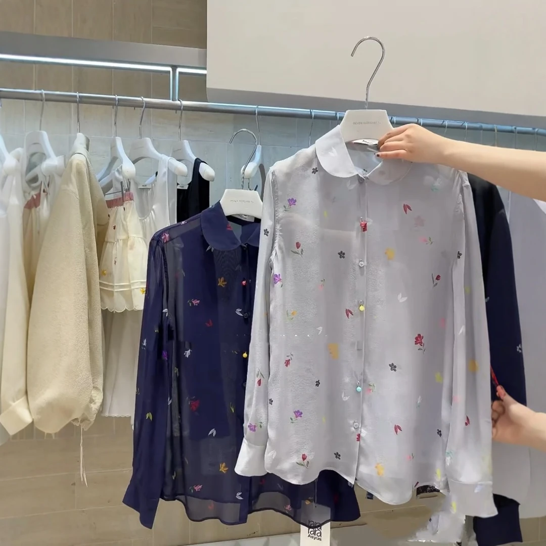 现货【AS花朵透视衬衫】2025夏新品印花单排扣娃娃领防晒衫宽松上衣