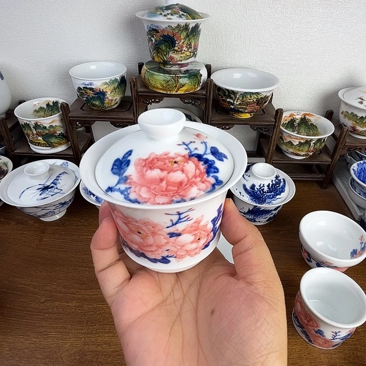 忠意堂釉下彩红牡丹盖碗微瑕不退