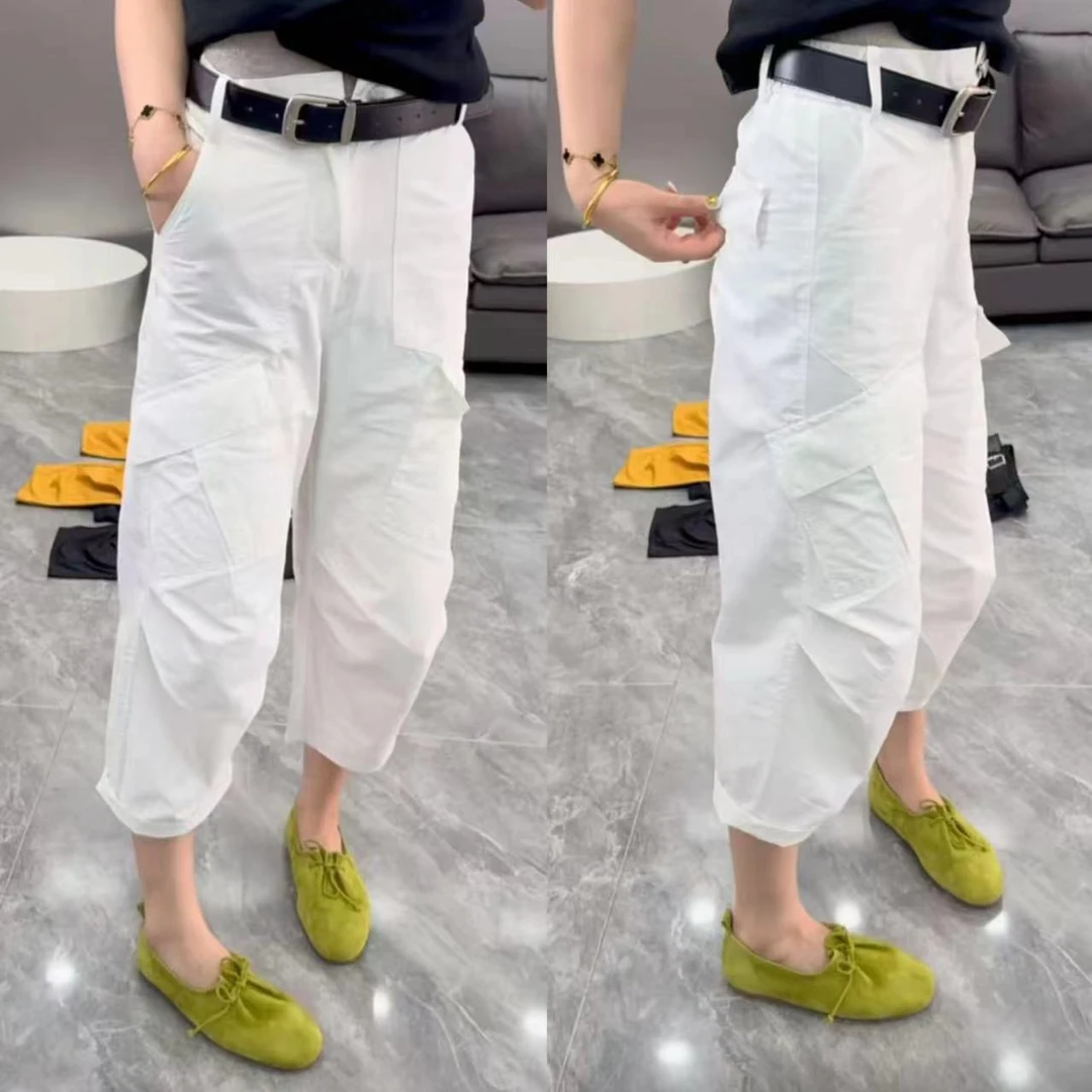 2025夏新时尚大口袋工装裤女高腰显瘦时尚老爹裤弯刀速干哈伦裤