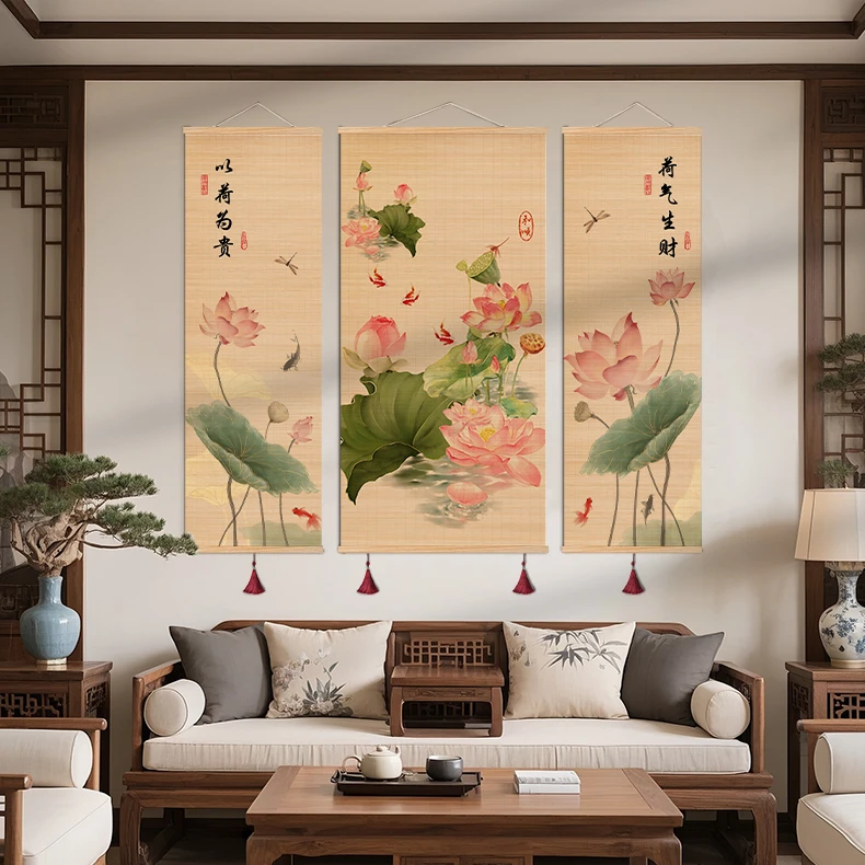 【和气满堂】高档竹画荷花竹丝画玄关画环保装饰画新中式纯手工编织