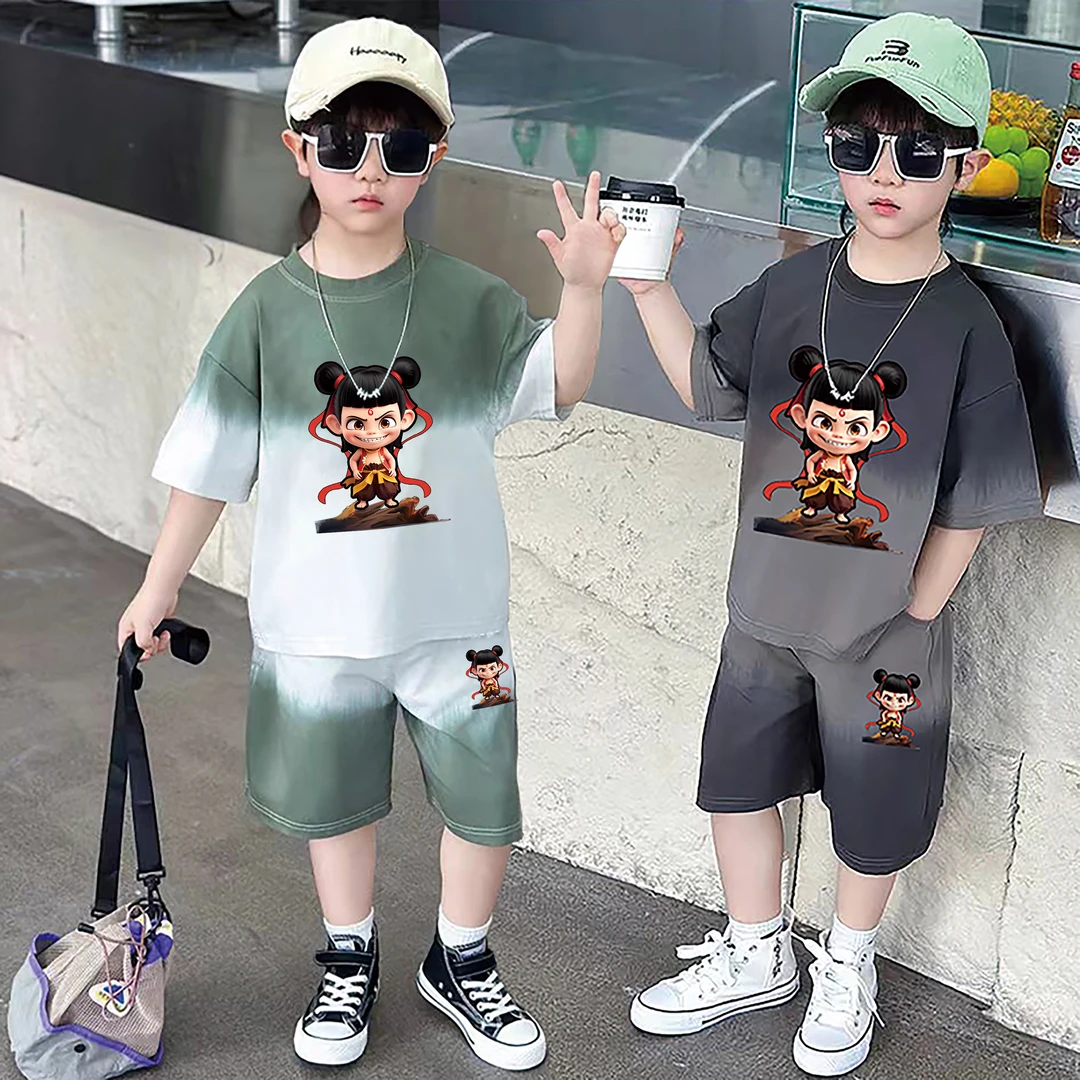 男童夏季短袖套装哪吒闹海2025新款休闲男宝宝两件套薄款潮酷衣服