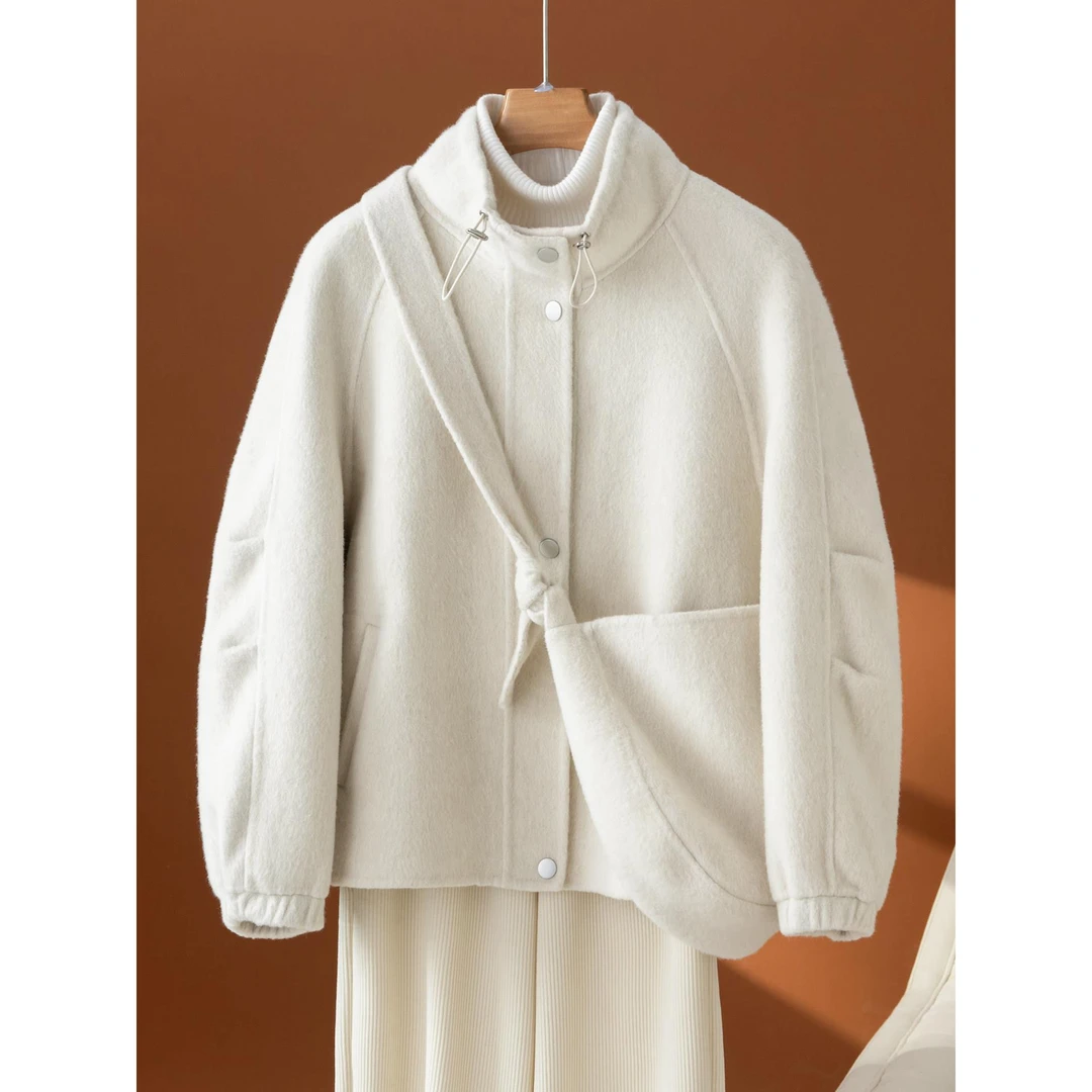 极简风立领双面呢外套女冬季短款包包拉链小个子时尚减龄呢子大衣