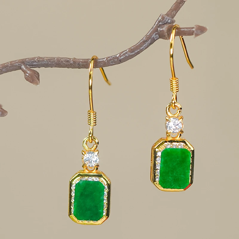 精致豪镶八角设计银镶嵌天然满绿翡翠A货龙石无事牌耳环耳钩