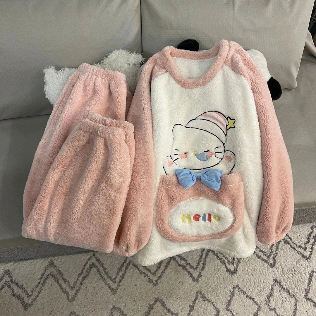睡衣女秋冬季珊瑚绒加厚2025新款大码长毛绒家居服粉色帽子猫套装