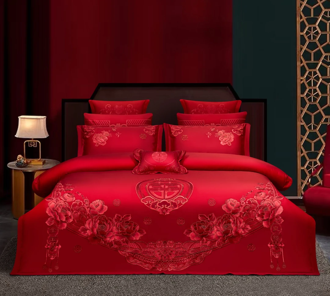 【金玉良缘】高端中式牡丹花卉刺绣结婚婚庆花卉喜庆婚被婚被大红