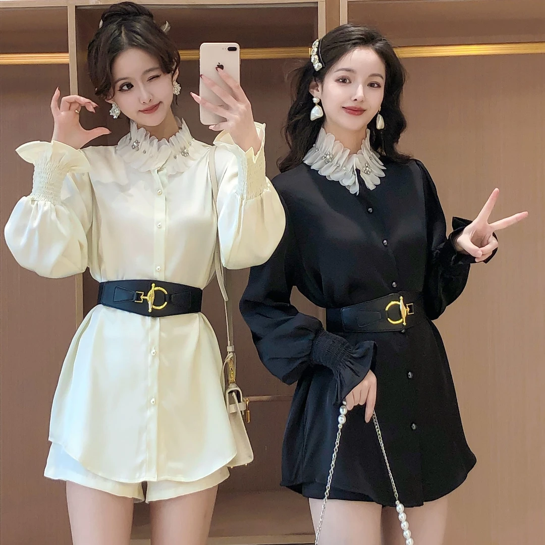 艾日秀早春新款欧若风轻奢气场钉珠配腰带衬衫+短裤两件套女E9549