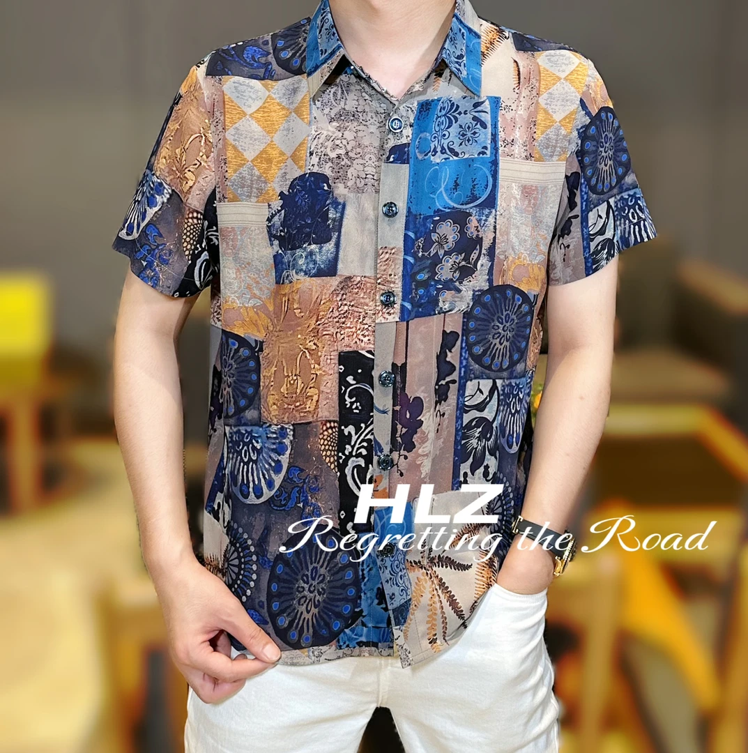 2025夏季新款男士时尚休闲薄款个性不规则图案纽扣款翻领短袖衬衫