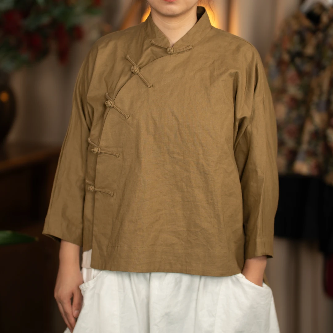 茶服新中式盘扣夏季立领提花宽松透气衬衫斜襟服装