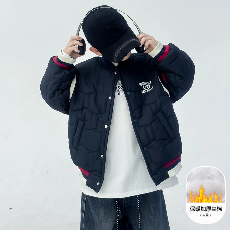 男童藏青夹棉加厚棒球外套秋冬2025新款儿童休闲保暖棒球服中大童