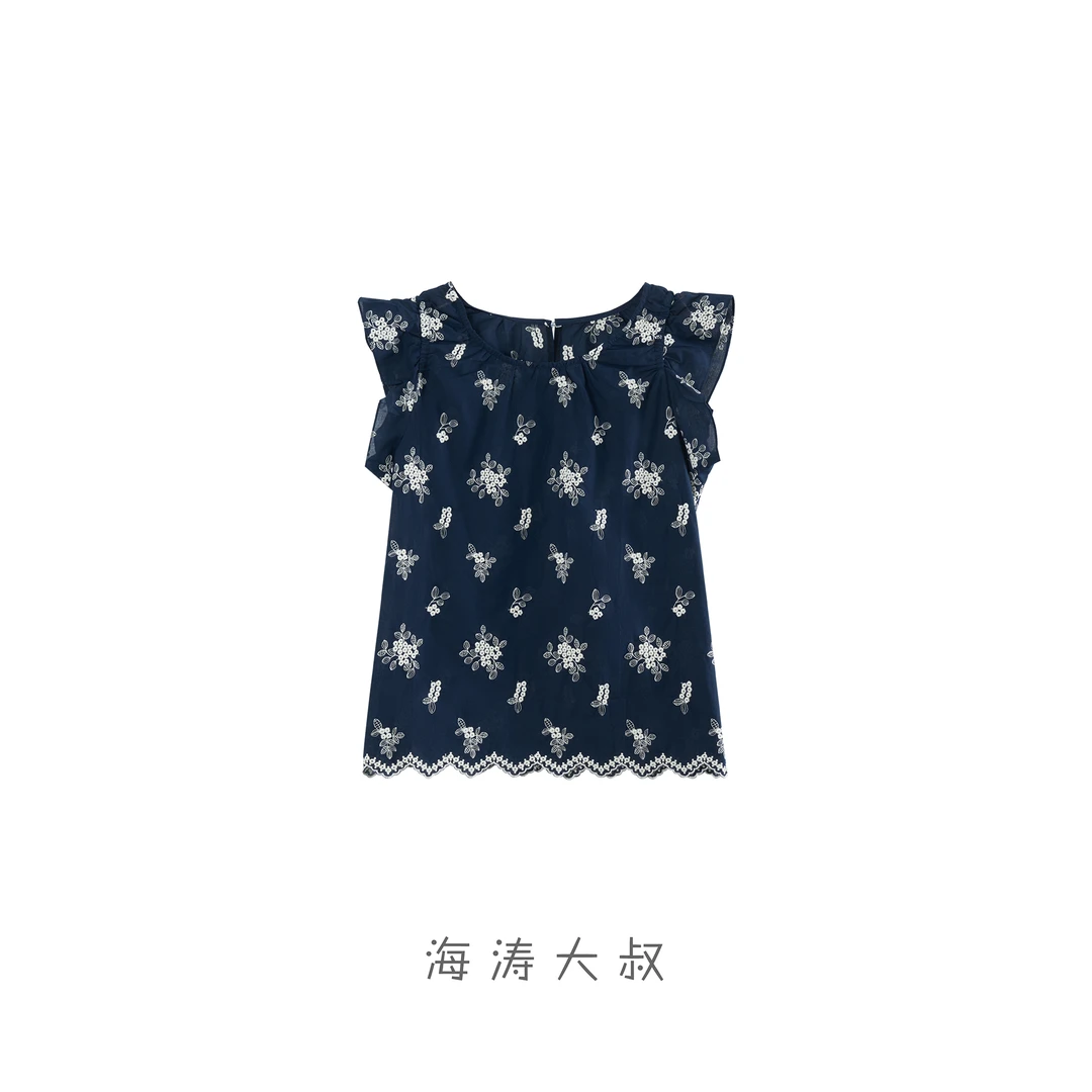 【海涛大叔】「野梨树下」甜美减龄刺绣花朵飞飞袖圆领衬衫