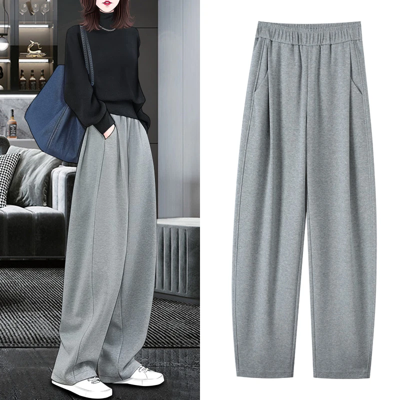 高级感运动阔腿香蕉裤灰色卫裤女秋冬宽松弯刀休闲裤子加绒镰刀裤