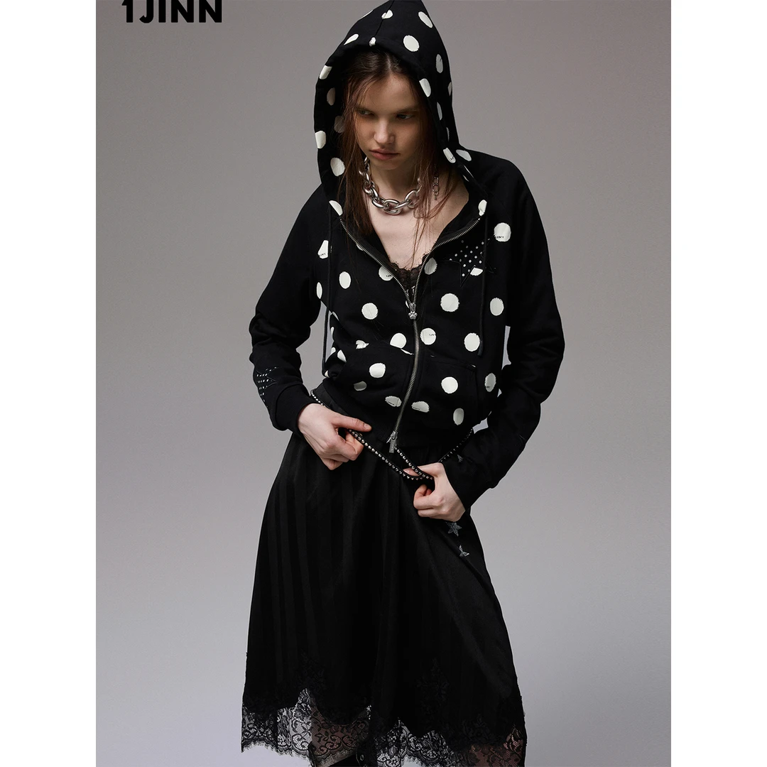 【达人专属】1JINN STUDIO 波点拼接插肩袖连帽卫衣外套