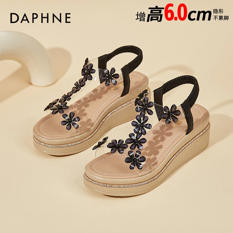 达芙妮厚底凉鞋女2025年夏季新款水钻花朵坡跟时尚百搭妈妈休闲鞋