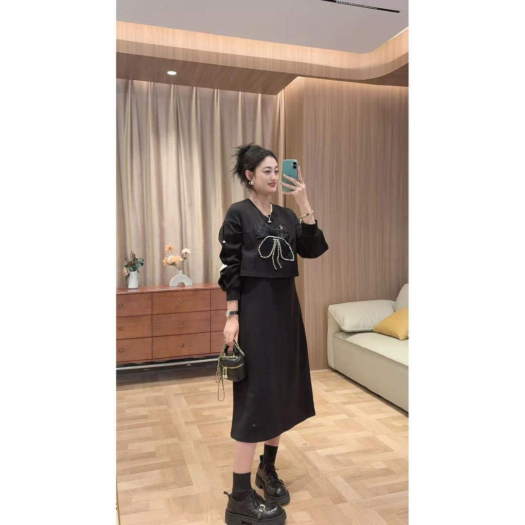 7290秋季高定上新大码假两件气质收腰显瘦立体剪裁设计连衣裙