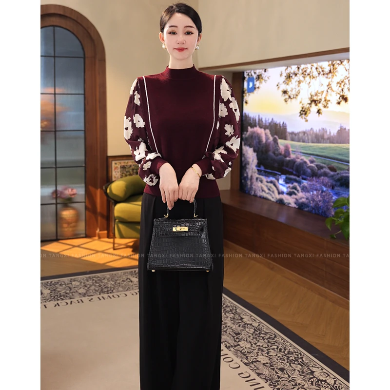 2025年秋冬新款【QQ-1220JR】含绵羊毛红色假两件拼接圆领针织上衣