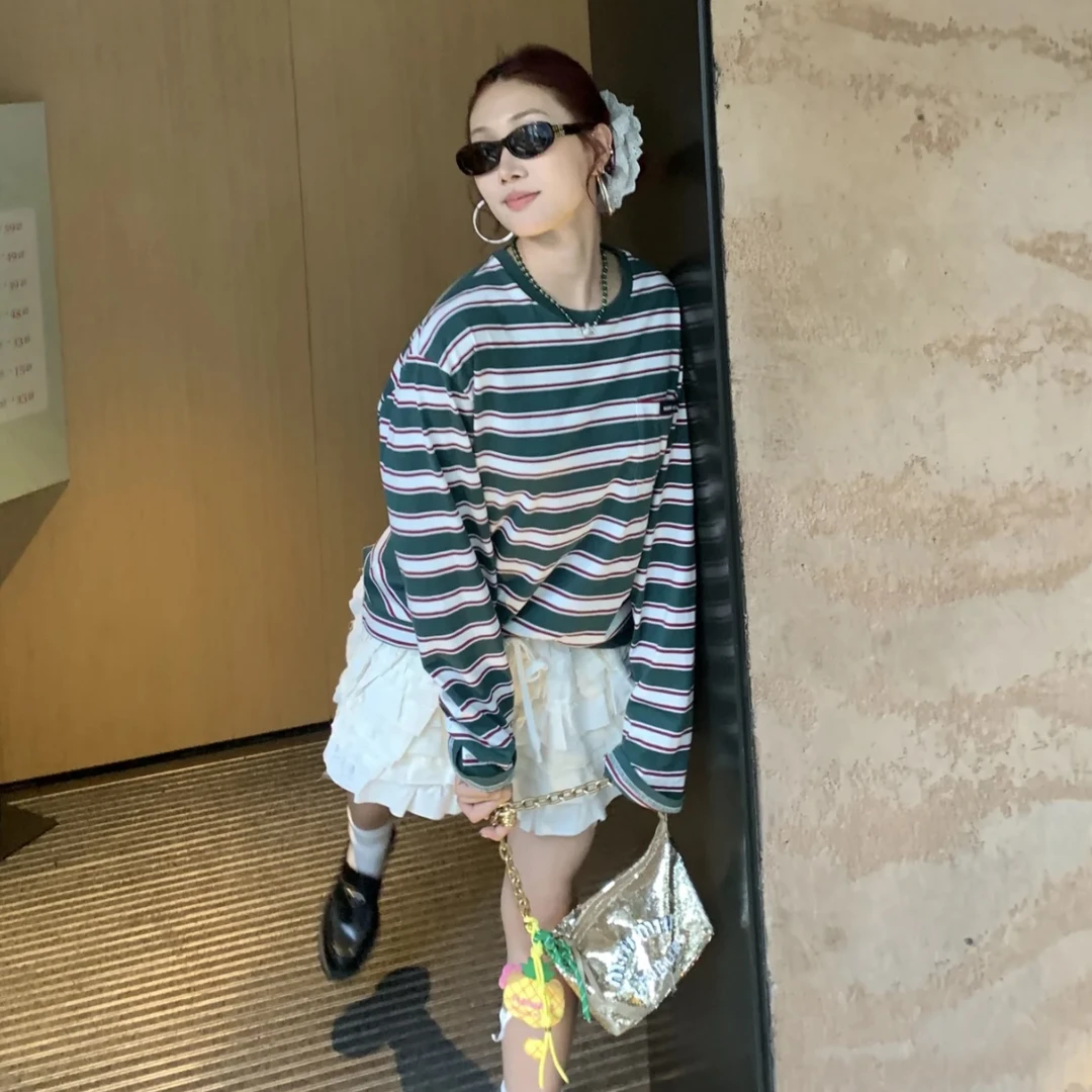 99新 MIU MIU/缪缪 限定绿白条纹长袖T恤 xs码