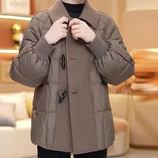 秋冬新款纽扣宽松外套百搭韩版拼接棉服宽松型休闲中老年女装