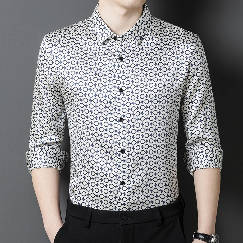 桑蚕丝真丝春秋季长袖男士小圆点衬衫商务休闲新品爆款潮时尚高级
