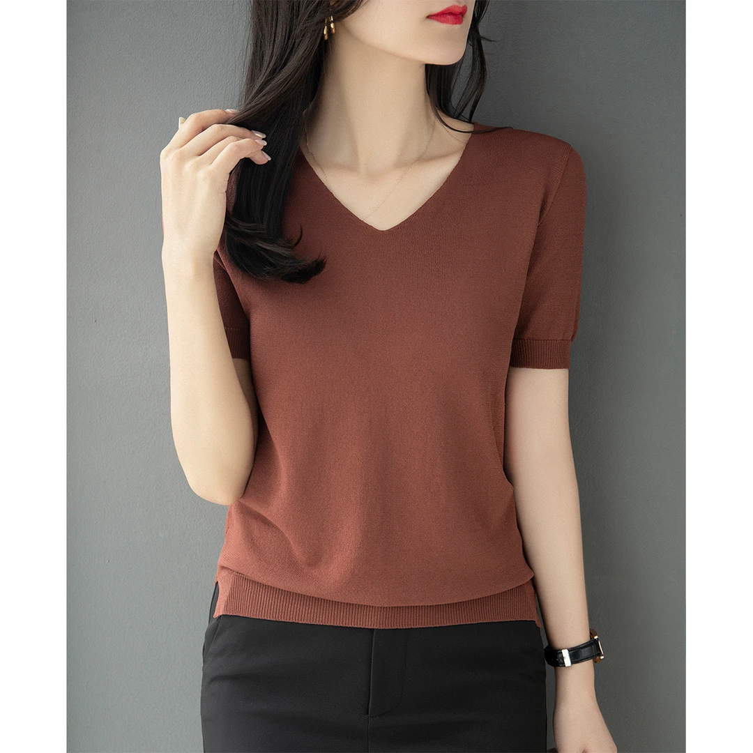 2025夏季薄款下摆开叉短袖针织衫女装新款宽松显瘦冰丝V领T恤上衣