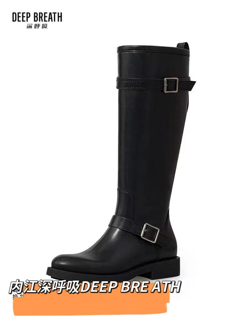 新款女靴女鞋时尚百搭双扣牛皮平底内侧拉链马靴长靴AX百搭长靴女