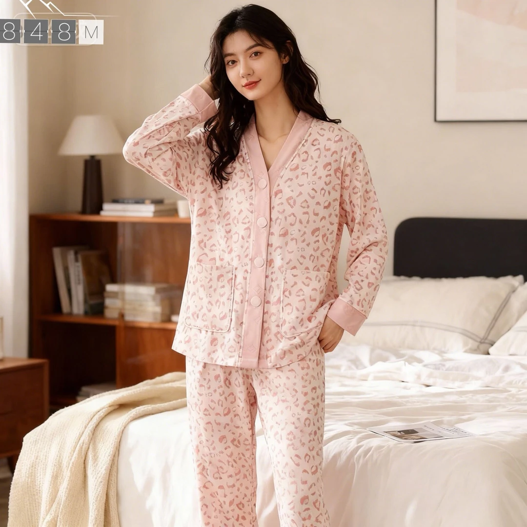 大码睡衣女秋冬新款休闲长袖V领开衫保暖双面绒家居服可外穿套装