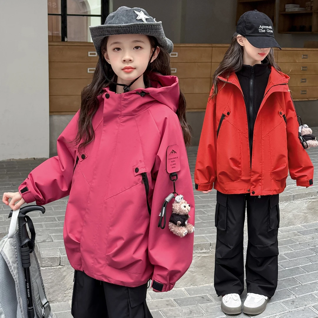 女童春秋三合一冲锋衣2025新款红色外套秋冬装大儿童爬山户外夹克