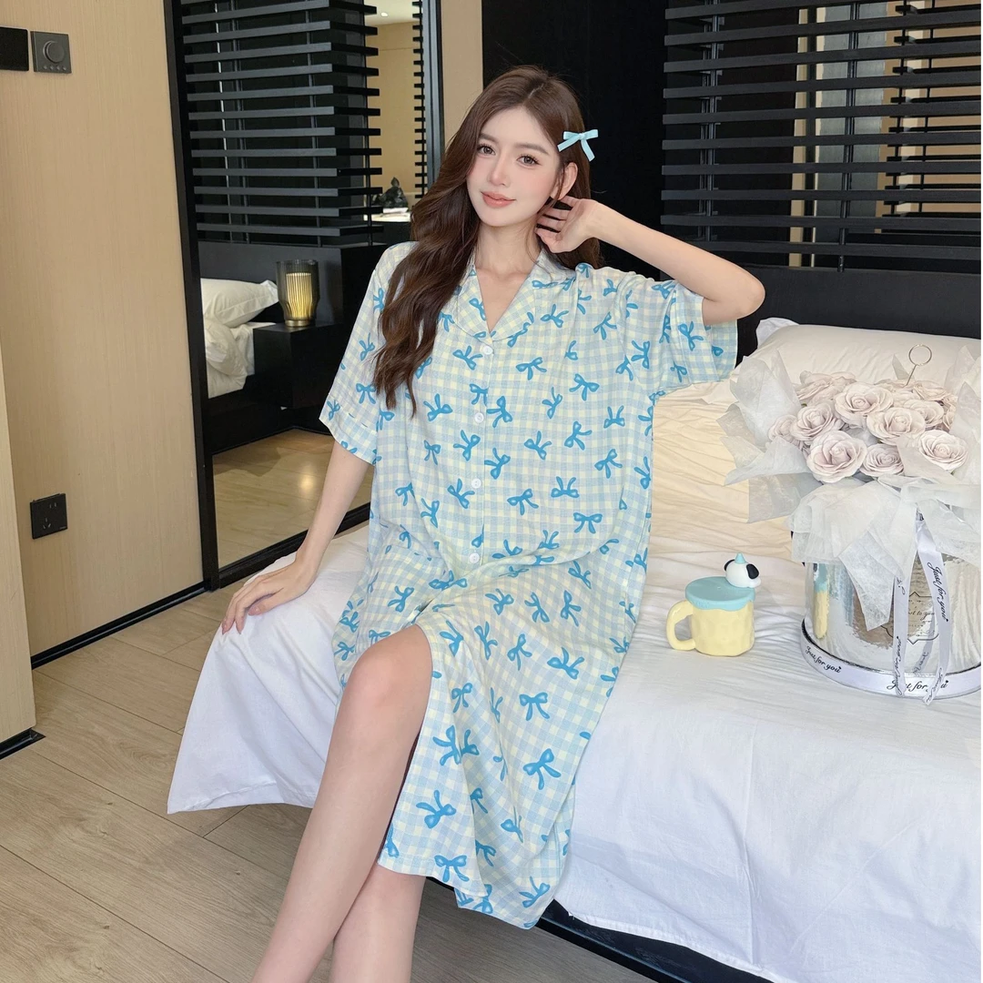 【蓝格-蝴蝶结睡衣】绵绸夏季薄款2025韩版加大码女款家居服宽松裙